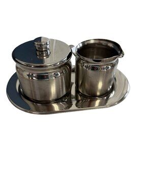 Tramontina 18/10 Stainless Steel Creamer Sugar Bowl Tray Set Brazil Vintage Coff
